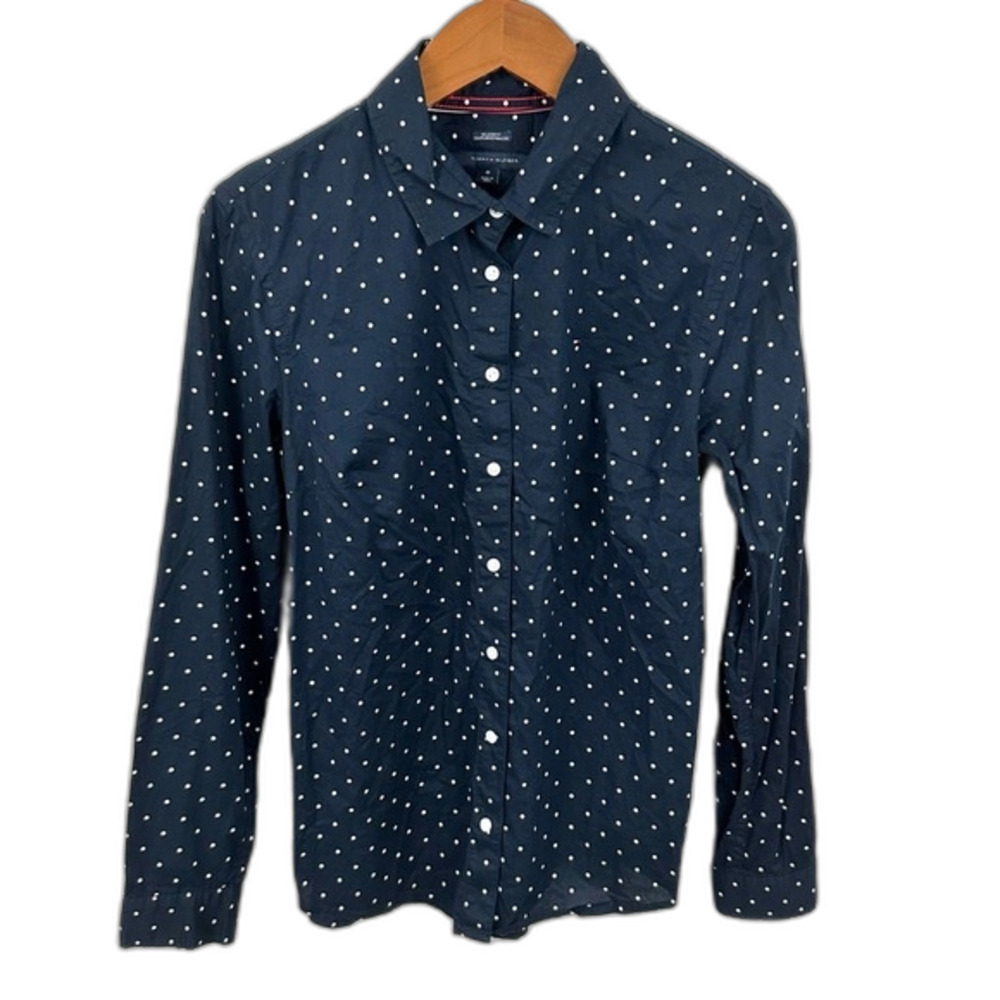 Tommy Hilfiger Navy & White Polka Dot Button-Up Blouse Size Medium Career Office